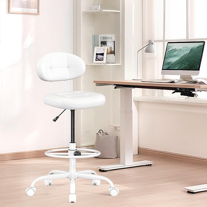 Misolant Drafting Chair, Armless Tall Office Chair with Footrest Ring for Standing Desk, Small Faux Leather Executive Computer Chair with Adjustable Height for Bar Lab Counter Height Desk, White