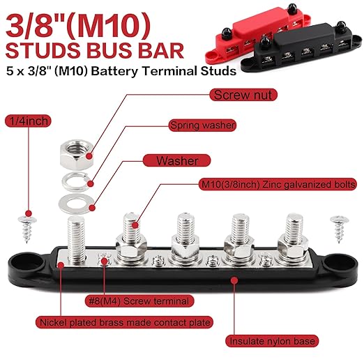 300A Bus Bar 5 Post 12V-48V DC Power Distribution Block,5 * 3/8"(M10) Battery Terminal Studs with Cover and Wire Lugs for Wiring,Automotive,Marine,Battery busbar (Red&Black)