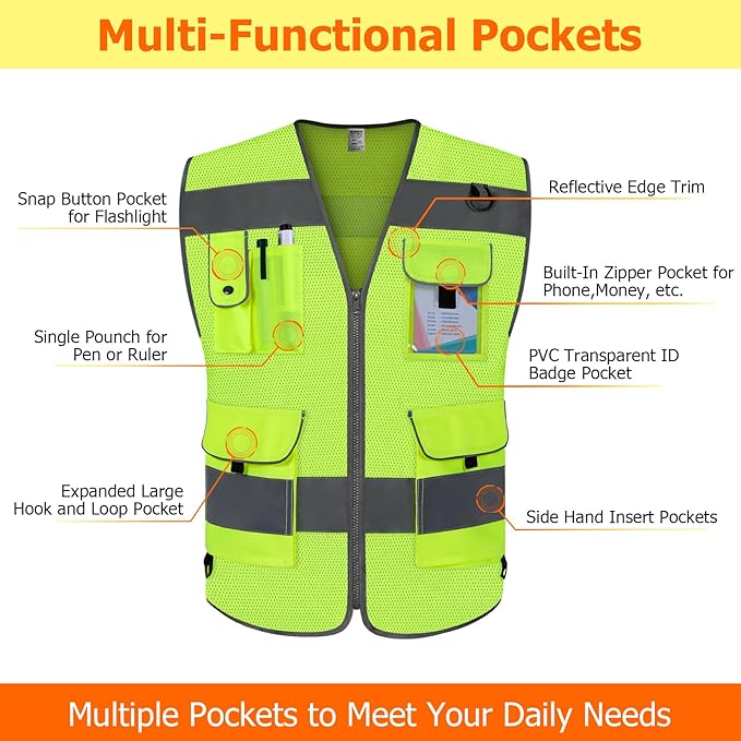 TCCFCCT Mesh High Visibility Safety Vest for Men Women 9 Pockets Hi Vis Reflective Vest for Safety, Work Vest with Reflective Strips, Meets ANSI/ISEA Standards, (Yellow, 4X-Large)