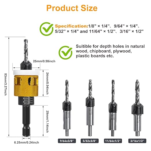 Countersink Drill Bit Set for Wood,17 PCS Counter Sink Drill Bit with 15PCS HSS Tapered Drill Bits and 1/4" Hex Shank Quick Change for Woodworking with Storage Box