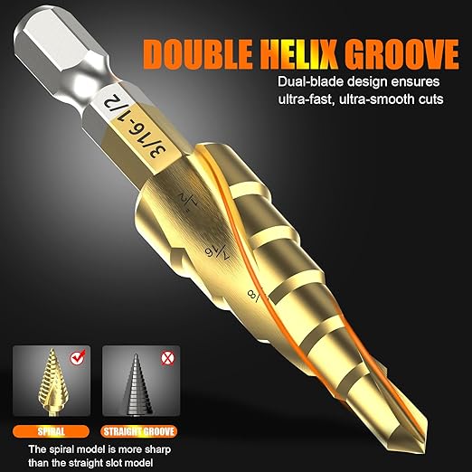 M2 Step Drill Bit Set 3/16"-1/2",1/4" Hex Shank Unibit Step Drill bit,Spiral Grooved for Faster Drilling, Step Bits for Stainless Steel, Wood, Aluminum, Plastic, 6 Step Sizes Taper Drill bit Set
