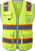 JKSafety 9 Pockets Hi-Vis Neon Yellow Color Zipper Front Safety Vest with Fluorescent Orange Extend Edge outlining the Reflective Tapes Meet ANSI/ISEA Class 2 Standard (901-Yellow, X-Large)