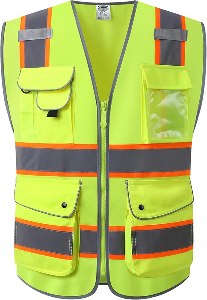 JKSafety 9 Pockets Hi-Vis Neon Yellow Color Zipper Front Safety Vest with Fluorescent Orange Extend Edge outlining the Reflective Tapes Meet ANSI/ISEA Class 2 Standard (901-Yellow, X-Large)