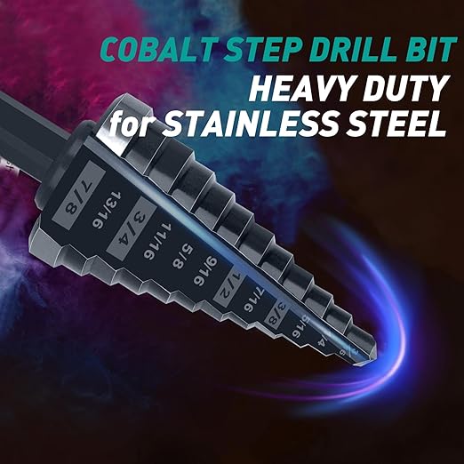 M35 Step Drill Bit for Metal, 3/16 to 7/8, Cobalt Drill Bits, Extra-Heavy Duty for Stainless Steel, Hard Steel, Mild Metal, Aluminum, Wood, Industrial Grade, 12-Steps. Co78Z