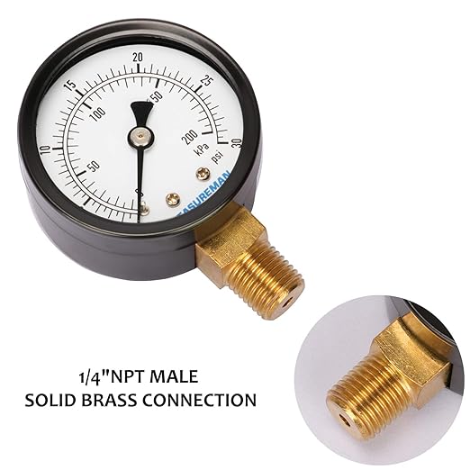 MEASUREMAN 2" Brass Gas Pressure Test Gauge Assembly, 3/4" FNPT Connection, 0-30 psi/kpa, +/-3-2-3% Accuracy