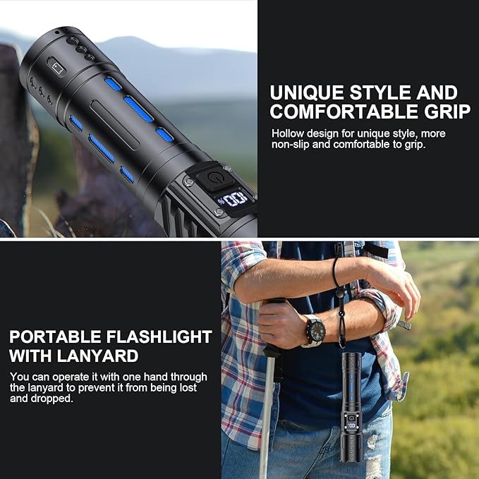 Flashlights High Lumens Rechargeable - Super Bright Tactical LED Flash Light, Dimmable&Memory Function Powerful Waterproof Flashlight for Camping,6 Modes,Zoomable,LCD Display (2, Black)