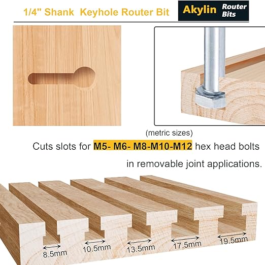 5pcs Keyhole Bit Set, 1/4-Inch Shank, 8.5-10.5-13.5-17.5-19.5mm Cut Diameter Keyhole Router Cutter Bit,for M5, M6, M8, M10, and M12 T-Track Slotting Milling Cutters