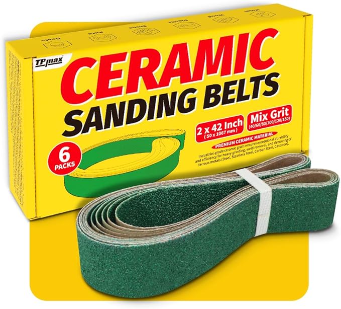 6 Pack 2 x 42 Inch Zirconia Ceramic Sanding Belts Kit – 40, 60, 80, 100, 120, 180 Grits Premium Metal Grinding Belts for Knife Sharpening, Stock Removal, and Bevel Work