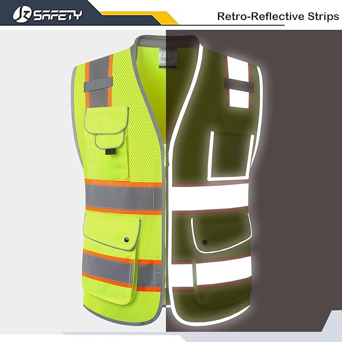 JKSafety 9 Pockets Hi-Vis Safety Vest Breathable Mesh Fabric Cushioned Collar Work Utility PPE Lightweight Industrial Work Gear ANSI/ISEA compliant (101-Yellow 3XL)