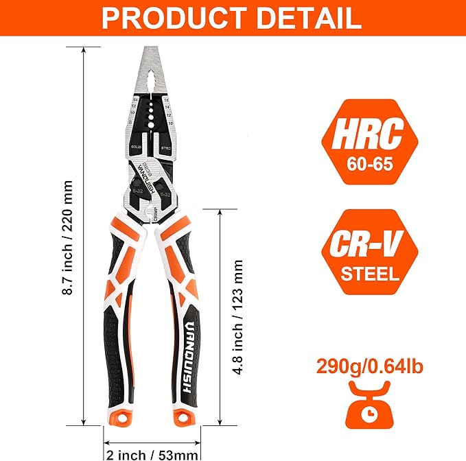 VANQUISH 10-in-1 Long Nose Pliers, 8‘’ Multipurpose Combination Pliers Wire Cutter/Crimper/Stripper, CRV Steel, Heavy Duty Side-Cutting Pliers for Crimping, Stripping, Shearing, Deburring, 3239