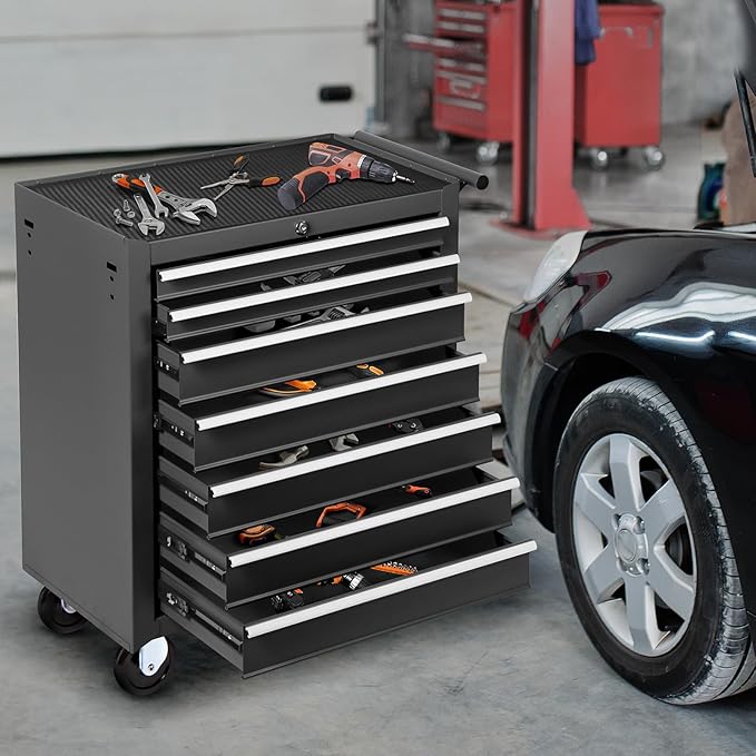 Rovibek 7-Drawer Rolling Tool Chest, Metal Rolling Tool Box with Lockable Drawers, Tool Box with Wheels for Garage, Warehouse, Workshop, Repair Shop, Large Capacity Tool Storage Cabinet (Black)