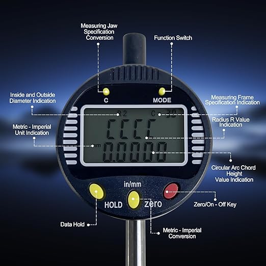 Digital Inner and Outer Radius Gauge with (10/20/30/60/100mm) Replaceable Measuring Claws,Radius Range: 5-700mm (0.2-27.5in), Measurement Range: displacements 0-12.7mm (0-0.5in)