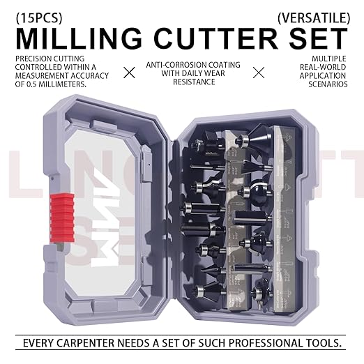 MNA Router Bits Set of 15 Pieces 1/4 Inch Shank, Tungsten Carbide 1/4" Router Bit Pro Kit, DIY Woodwork Tools, Carrying Case