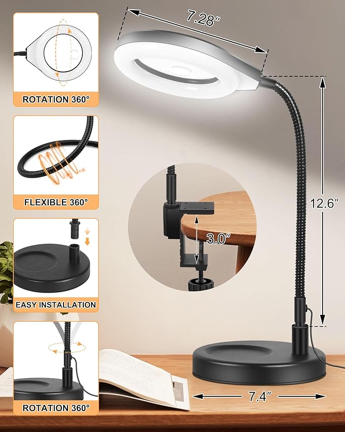Flexible Gooseneck 2-in-1 Magnifying Glass with Light and Stand,10x & 5x Real Glass Lens Magnifying Lamp, 5 Color Stepless Hands-Free LED Desk Lamp with Clamp for Painting, Crafts, Reading (Yellow)