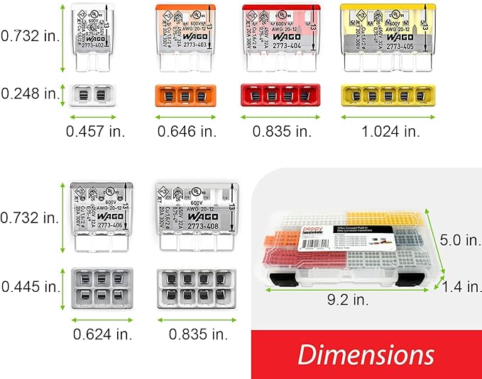 WAGO 2773 Wall Nuts 125pc Push-in Wire Connector Assortment Kit with Case | Splicing for Solid and Stranded Electrical Conductors | 2773-402, 2773-403, 2773-404, 2773-405, 2773-406, 2773-408
