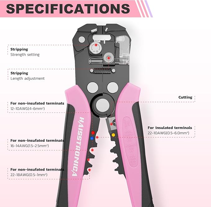 haisstronica Self-Adjusting Wire Stripper, Pink 3 In 1 Stripper/Cutter/Crimping Heavy Duty Automatic Electrical Wire Strippers for 10-24 AWG Stranded, Solid,Landscape Etc