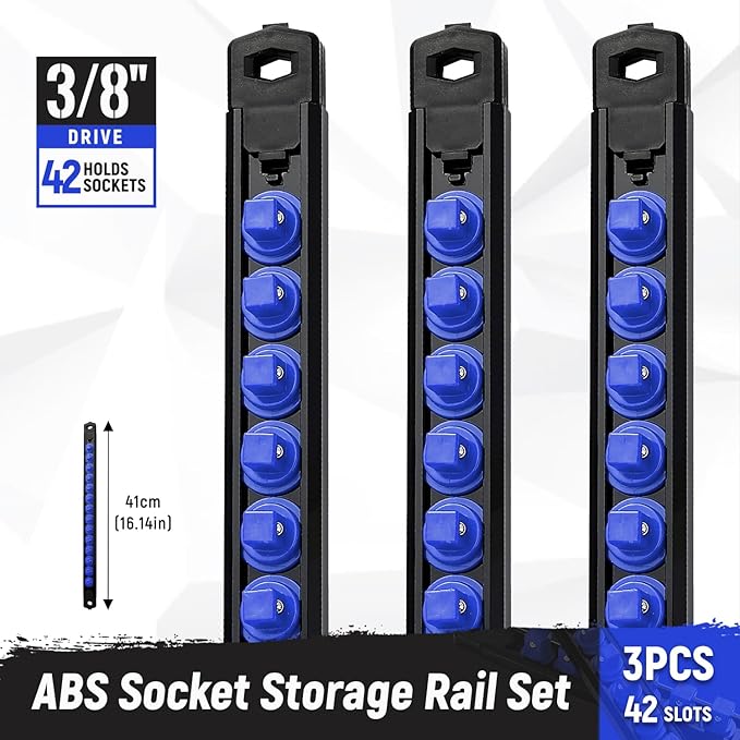 Magnetic Socket Organizer, 3-Piece Heavty Duty ABS Socket Holder, Socket Rail for Tool Box, Premium Quality 360° Swivel Socket Rack with 42 Clips for 3/8-Inch(Blue)