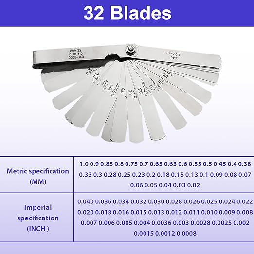 2 Pcs 32 Blades Stainless Steel Feeler Gauge for Valves 0.0008-0.04" (0.02-1.00mm) Universal Standard SAE and Metric Offset Valve Thickness Gauge for Spark Plug Piston Measuring Gap Width Thickness