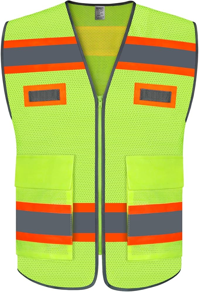 TCCFCCT Mesh Safety Vest for Men Women with Pockets High Visibility Reflective Vest for Safety, Work Vest with Fluorescent Orange Extend Edge, Meets ANSI/ISEA Standards, Yellow, XXL