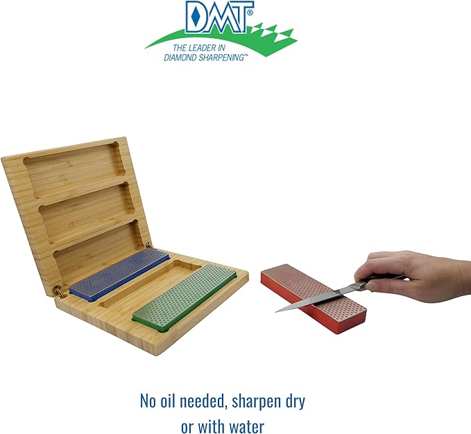 DMT W6EFC Deluxe Diamond Whetstone Knife Sharpening Kit with Wood Box, Set of 3 Sharpening Stones, 6" x 2"
