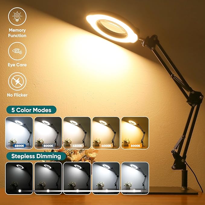 10X Magnifying Glass with Light and Stand，Real Glass Lens 5 Color Modes Dimmable LED Lighted Magnifier with Swing Arm Hands Free Magnifying Desk Lamp for Crafts Sewing Painting Reading Close Work