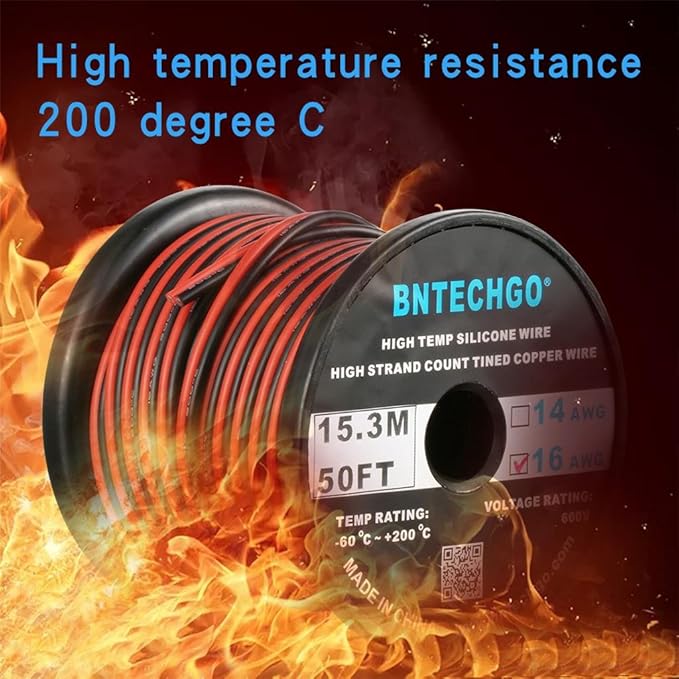 BNTECHGO 16 Gauge Flexible 2 Conductor Parallel Silicone Wire Spool Red Black High Resistant 200 deg C 600V for Single Color LED Strip Extension Cable Cord,Model,50ft Stranded Tinned Copper Wire