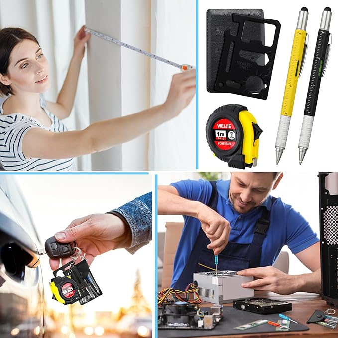 168 Pcs Mini Tape Screwdriver Keychain Set Christmas Men Gifts Bulk Adult Party Favors Multitool Pen Card Tool Measuring Keychains Stocking Christmas Stuffers for Men Dad (Yellow,Black)