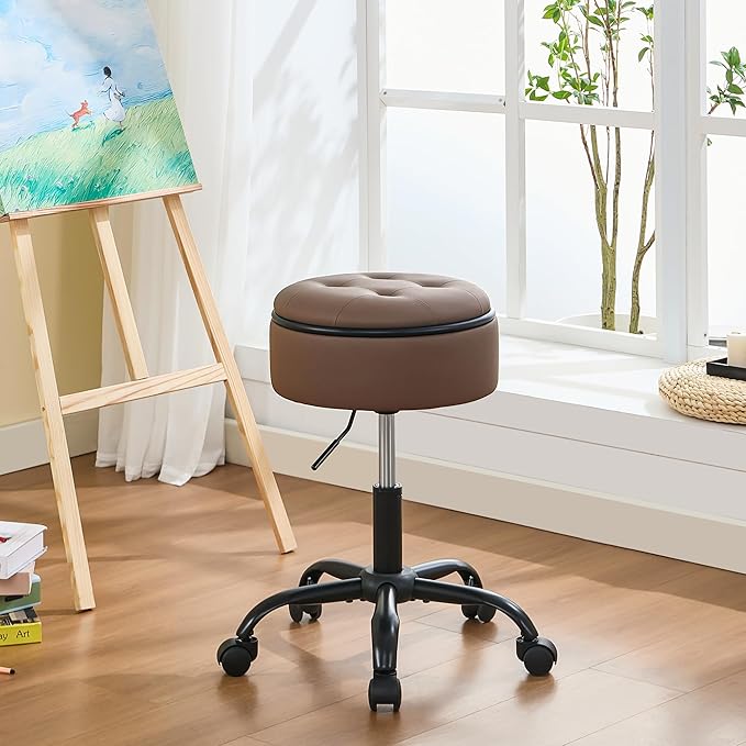 Drafting Chair with Storage, Adjustable Desk Stool with Wheels 20.67"-24.61", Coffee Brown Ergonomic Office Stool