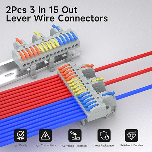 2Pcs Lever Wire Connectors, 3 in 15 Out, Push-in, Quick Wiring DIN Terminal Blocks, 0.75-2.5(4) mm², 600V 32A, 36Pcs Wire Ferrules Terminals & 6.89 Inch DIN Rail Included