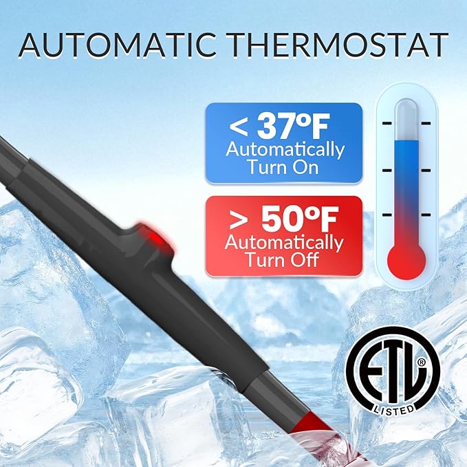 28 FT Heat Tape for Water Pipes Freeze Protection with Thermostat, Electric Heat Trace Pipe Heating Cable Energy-Saving 120V 7W/FT