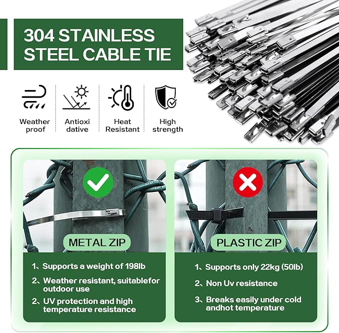 Metal cable tie gun set,contains 200 heavy-duty outdoor stainless steel cable ties,suitable for chain link fence components,wire mesh rolls,exhaust pipe winding,poultry fencing,boat construction,etc