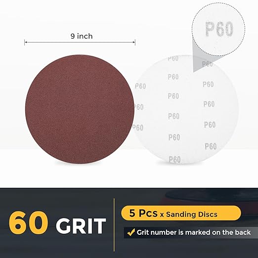 HARFINGTON 5 Pcs 9 Inch Sanding Disc 60 Grit Hook and Loop Sandpaper Random Orbital Sander Pads for Woodworking Automotive Metal Polishing