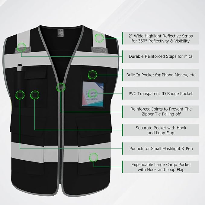 TCCFCCT Construction Vest 5 Pockets Reflective Safety Vest for Men Women, High Visibility Work Vest with Tabs for Walkie-talkie, Durable to Use, Meets ANSI/ISEA, Black, S