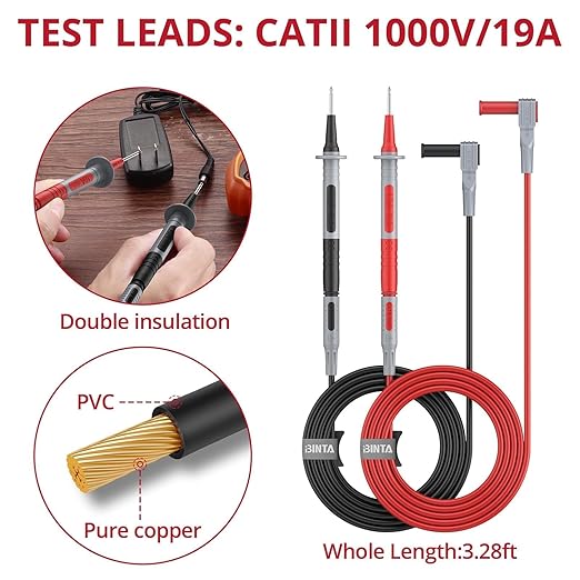 BINTA 11-Piece Multimeter Test Leads Kit for Home DIY & Car Maintenance, Electrical Multimeter Leads Kit with Alligator Clips, Test Hooks, Multimeter Probes, Test Tweezers CATII 1000V/ 19A