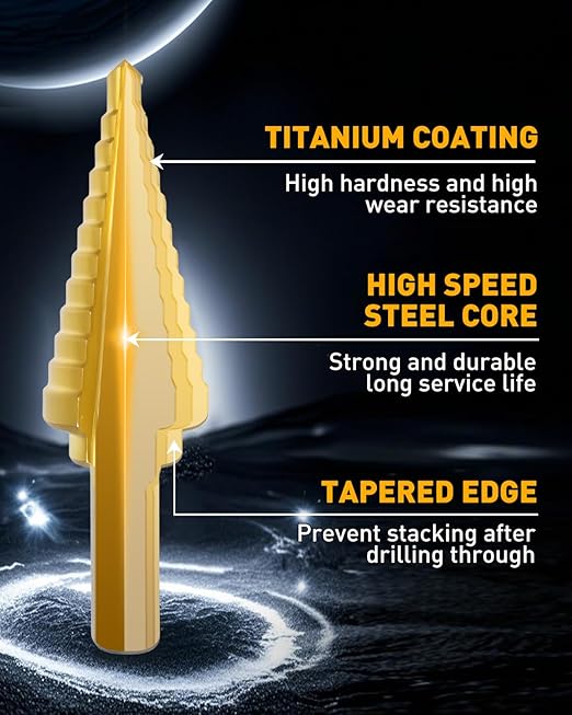 COMOWARE Step Drill Bit Set - Titanium Coated, Double Cutting Blades, High Speed Steel, Short Length Drill Bits Set of 3 pcs, Total 28 Sizes