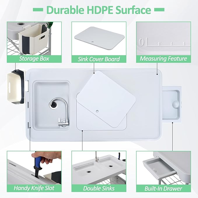 AHB 42'' Outdoor Fish Cleaning Table Portable Camping Sink Station with Double Sinks, Collapsible Swivel Faucet, Picnic Sink Table with 6pc Fish Cleaning Kit for Picnic Beach Patio