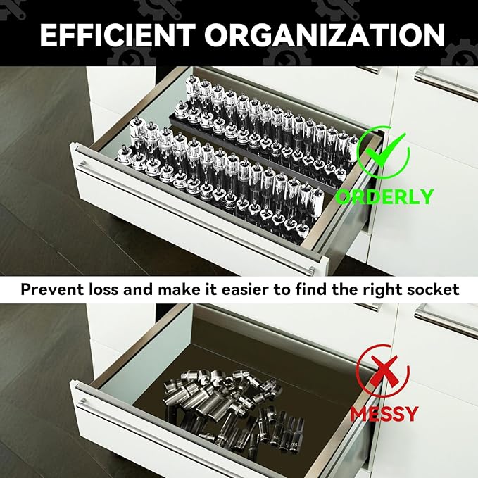 8PCS Socket Organizer Tray Set,SAE & Metric Socket Trays, 2PCS 1/4", 4PCS 3/8", 2PCS 1/2" Drive Deep and Shallow Socket Holders for Toolboxes (8pcs socket organizer (store 226 sockets）)