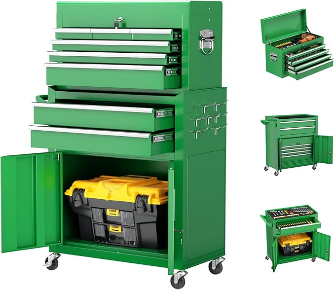 Crownland 8-Drawer Rolling Tool Chest with Wheels, Lockable 2 in 1 Detachable Tool Cabinet wit Drawers and Black Liners, Garage Top Toolbox & Bottom Storage Cart with Side Hooks(Green)