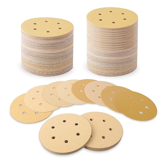 105 PCS 6 Inch Sanding Discs, 6 Hole Hook and Loop Gold Round Sandpaper for Random Orbital Sander 60 80 120 180 220 320 400 Grit