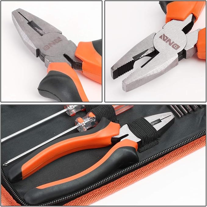 DNA MOTORING 16pcs Mechanic Home Repair Tool Set, Includes Pliers, Wrench, Hex Key, Screwdriver, Spirit Level,Tape Measurer, Mechanic repair set, w/Carrying Case, Orange/Black, TOOLS-00030