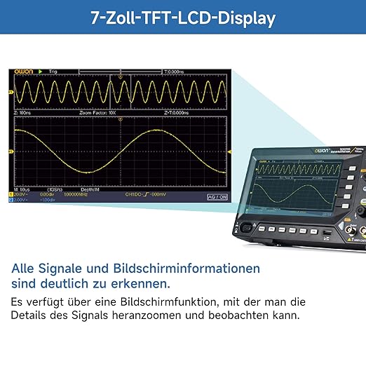 OWON Digital Oscilloscope with Dual-Channel Channels and Screen 7 inch, TFT-LCD Display, Portable Oscilloscope with 1GS/s Sampling Rate, Bandwidth 150MH,8K Waveform Length,SDS215S