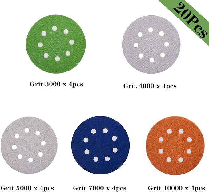 20pcs Sandpaper 8 Hole 5 inch Sanding Discs Hook and Loop 3000/4000/5000/7000/10000 Grits Wet Dry Sandpaper for Random Orbital Sander Automotive Metal Sanding Polishing