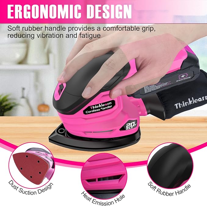 Cordless Detail Sander with 2Pcs Batteries and Charger, 20V 2Amp Electric Power Hand Sander with 22Pcs Sandpapers & Dust Collection System, Palm Sanding Tool for Woodworking, Polishing Wood Furniture
