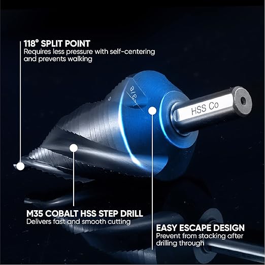 toolant Four Spiral Flute Cobalt Step Drill Bit(Pro), 3/16" - 1-3/8"(19 Step Size) Unibit Step Drill Bit, 3/8" Tri-Falt Shank Step Bit for Metal, Stainless Steel, Aluminum, Plastic