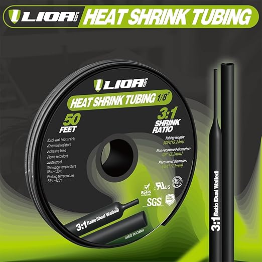 Heat Shrink Tubing 50 Feet Roll, 3:1 Ratio Adhesive Lined Marine Grade Shrink Wrap Tubing,Industrial Heat Shrink Tube Electrical (1, Black, 50ft-Dia-1/8")