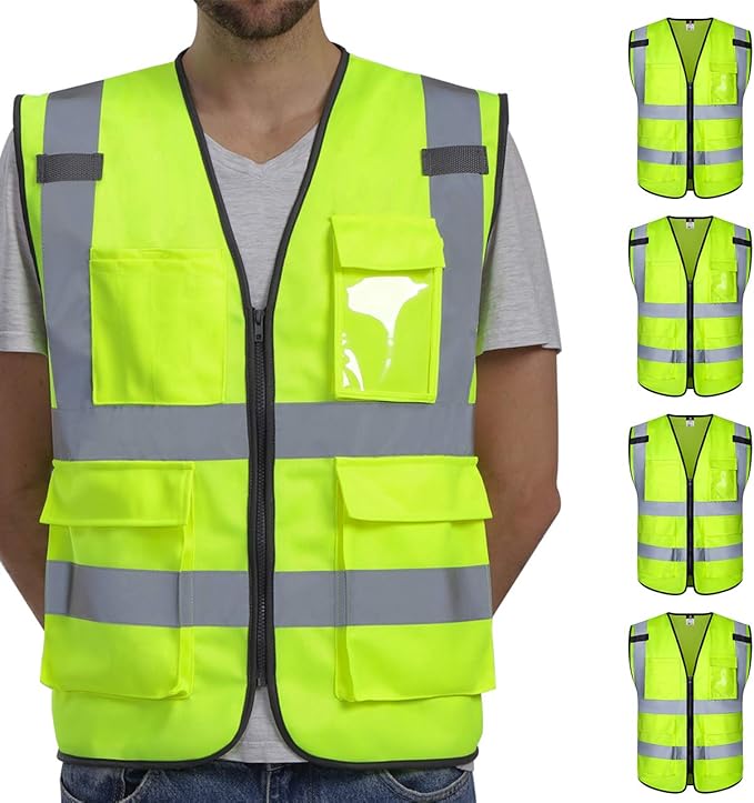 Dib Safety Vest Reflective ANSI Class 2, High Visibility Vest with Pockets and Zipper, Hi Vis Yellow 5 Pack 2XL