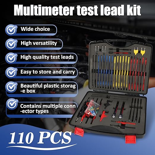 110 Pcs Automotive Circuit Test Lead Kit, Multimeter Test Leads Kit, Electrical Test Kit, Back Probe Kit Automotive, Relay Wire Connector Kit (with Black Carrying Case), Alligator Clips