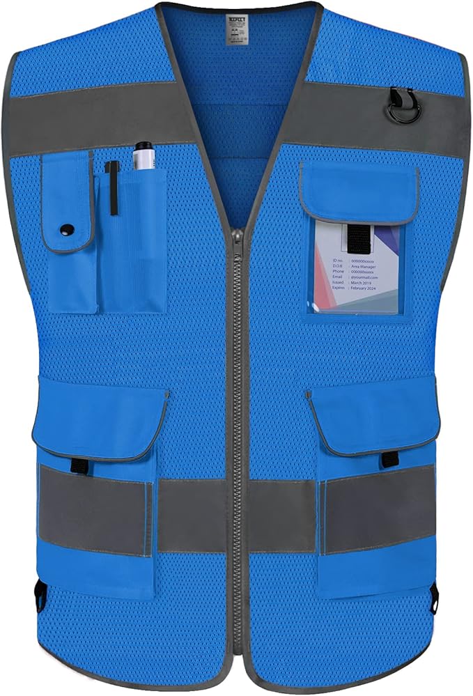 TCCFCCT Mesh Hi Vis Vest 9 Pockets High Visibility Reflective Safety Vest for Men Women, Safety Construction Vest with Reflective Strips, Meets ANSI/ISEA Standards, (Blue, Medium)