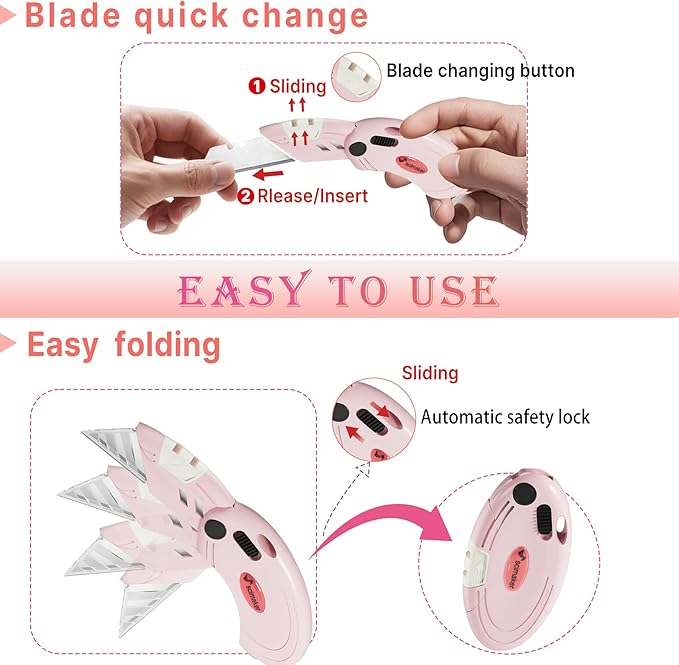 4 Pack Folding Utility Knife with 10 Extra Blades,Box Cutters with Button Lock Mechanism,Navajas Para Trabajo for Home,Office and Warehouse,Pink.