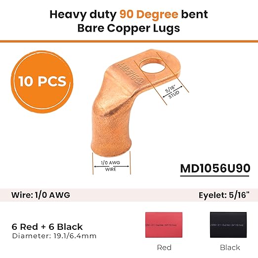 SELTERM 10pcs - 1/0 AWG 5/16" Stud 90° Bent Battery Lugs - Ring Terminal Connectors with 12pcs 3:1 Black & Red 3/4" Heat Shrink Tubing - Heavy Duty Battery Cable Ends - Bare Copper Wire Connectors Kit